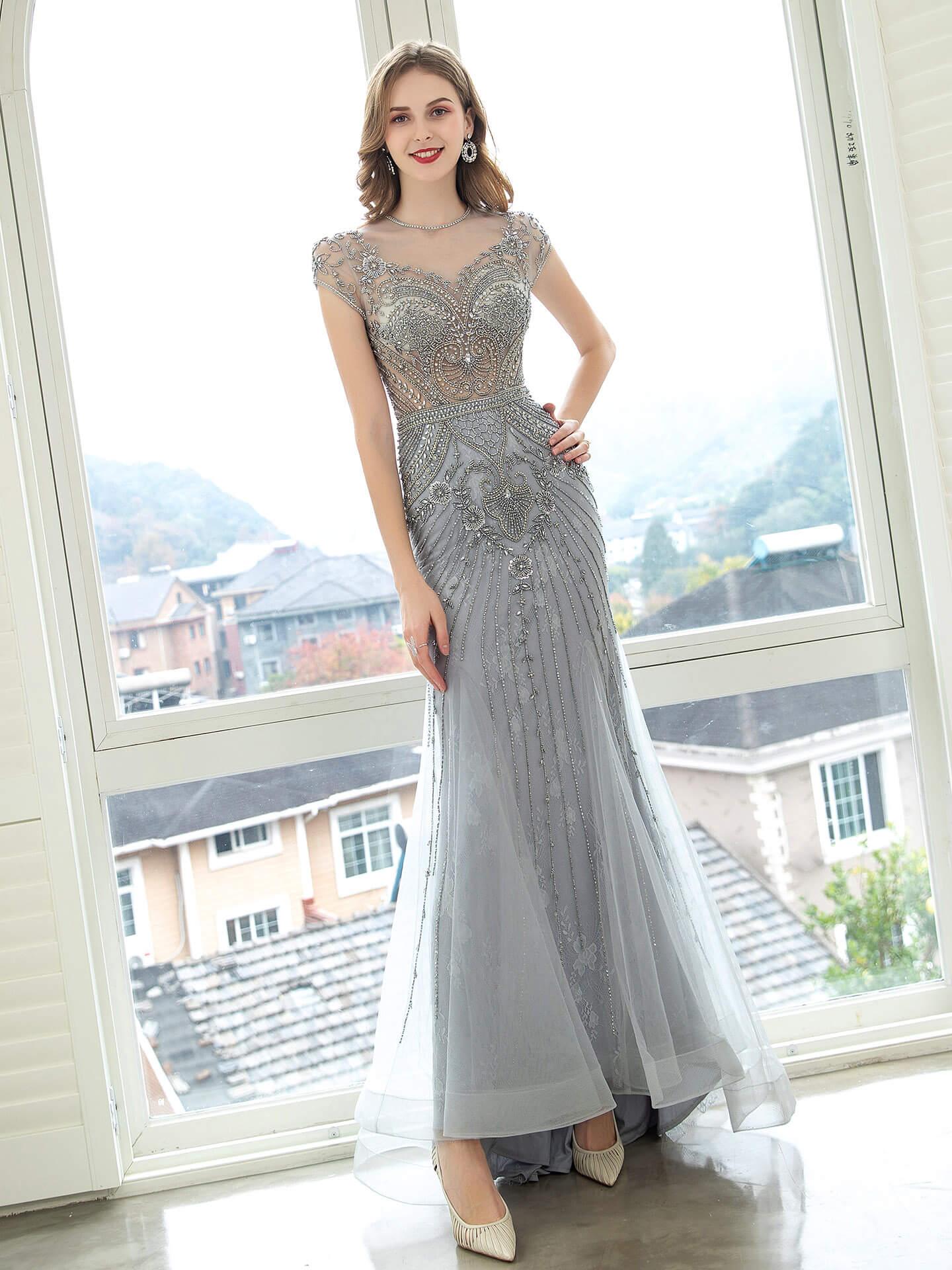 Baoleely Mermaid / Trumpet Luxurious Glittering Fairy Sexy Formal Evening Dresses Short Sleeves