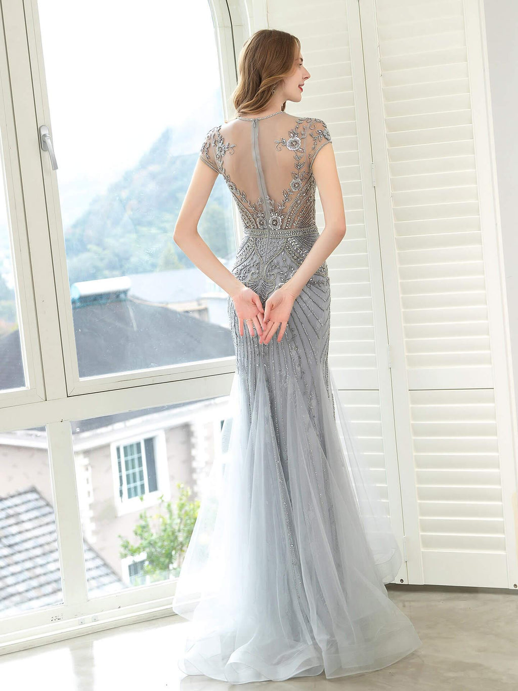 Baoleely Mermaid / Trumpet Luxurious Glittering Fairy Sexy Formal Evening Dresses Short Sleeves