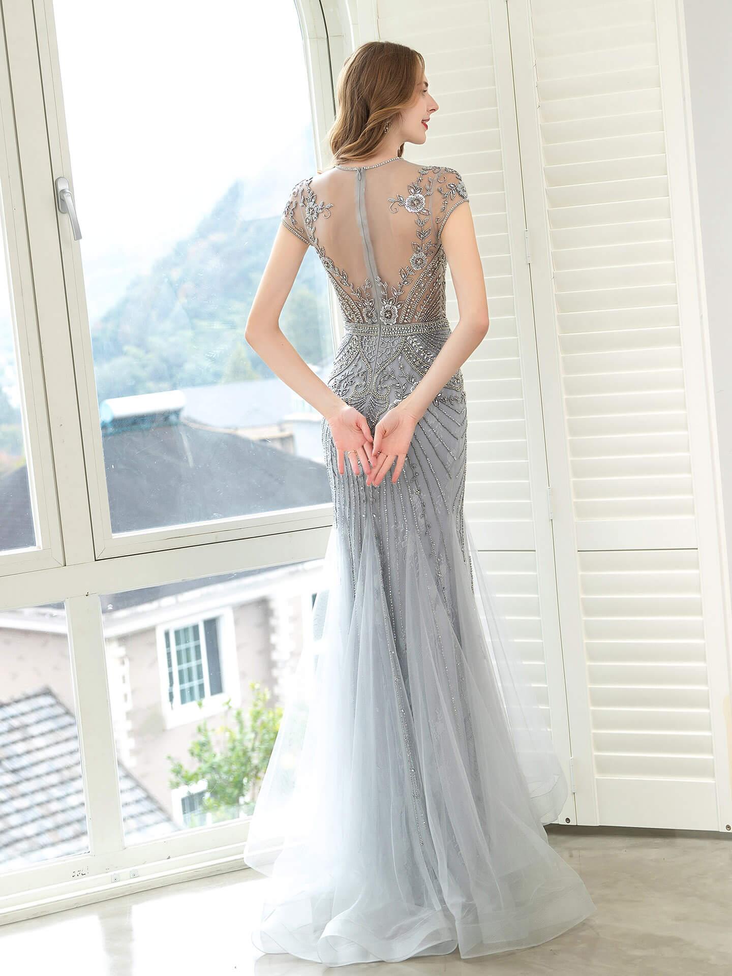 Baoleely Mermaid / Trumpet Luxurious Glittering Fairy Sexy Formal Evening Dresses Short Sleeves