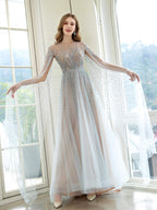 Vestido de noche formal sexy de hada brillante de lujo de línea A con manga larga hasta el suelo 