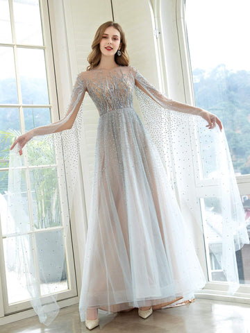 Robe de soirée trapèze luxueuse et scintillante, sexy et formelle, manches longues, longueur au sol 