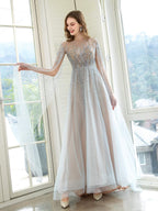 Vestido de noche formal sexy de hada brillante de lujo de línea A con manga larga hasta el suelo 