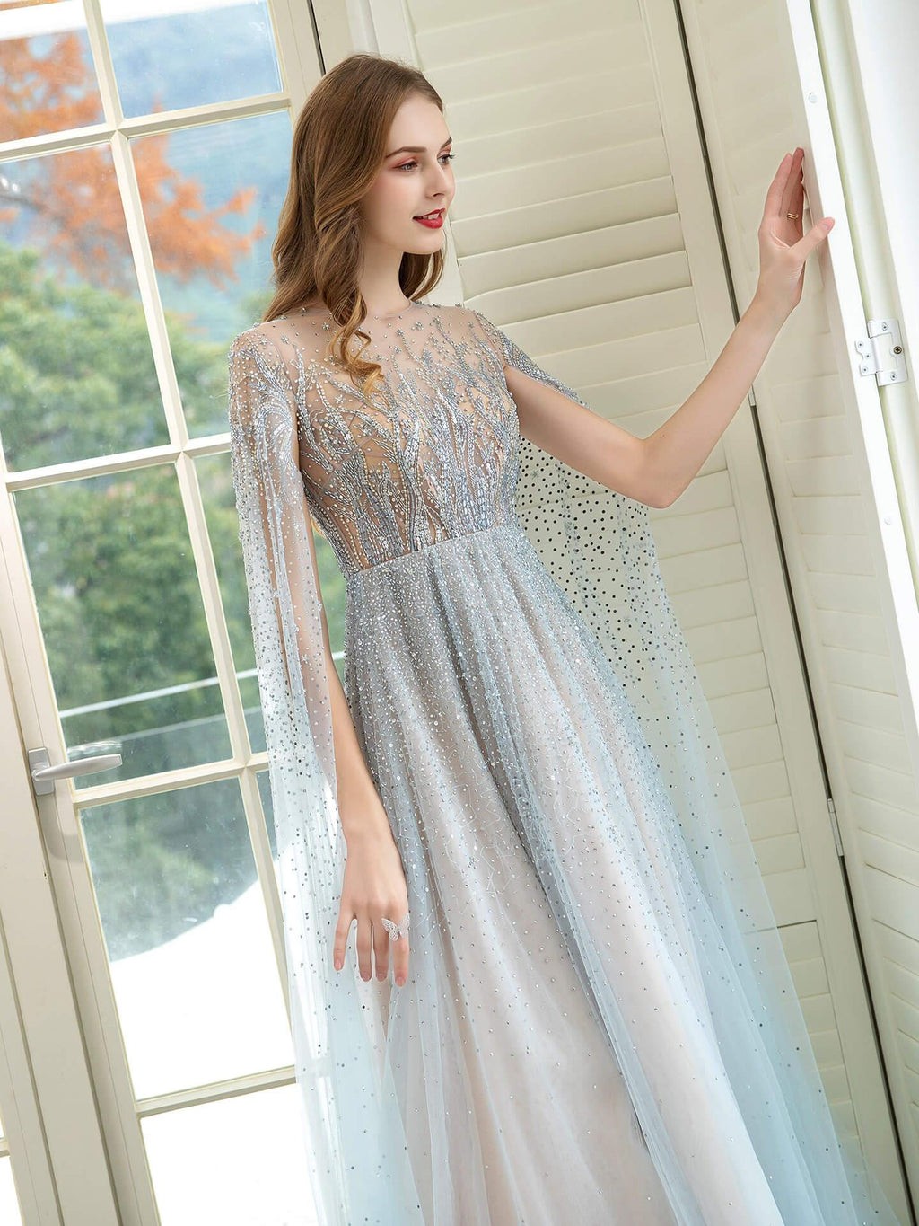Vestido de noche formal sexy de hada brillante de lujo de línea A con manga larga hasta el suelo 