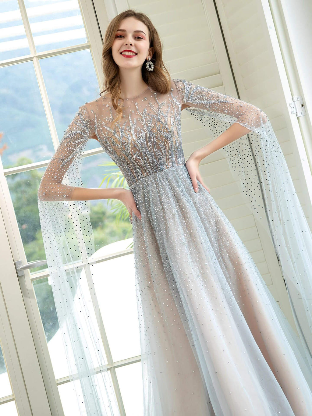 Vestido de noche formal sexy de hada brillante de lujo de línea A con manga larga hasta el suelo 