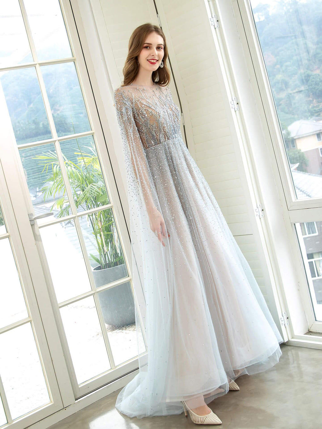 Vestido de noche formal sexy de hada brillante de lujo de línea A con manga larga hasta el suelo 