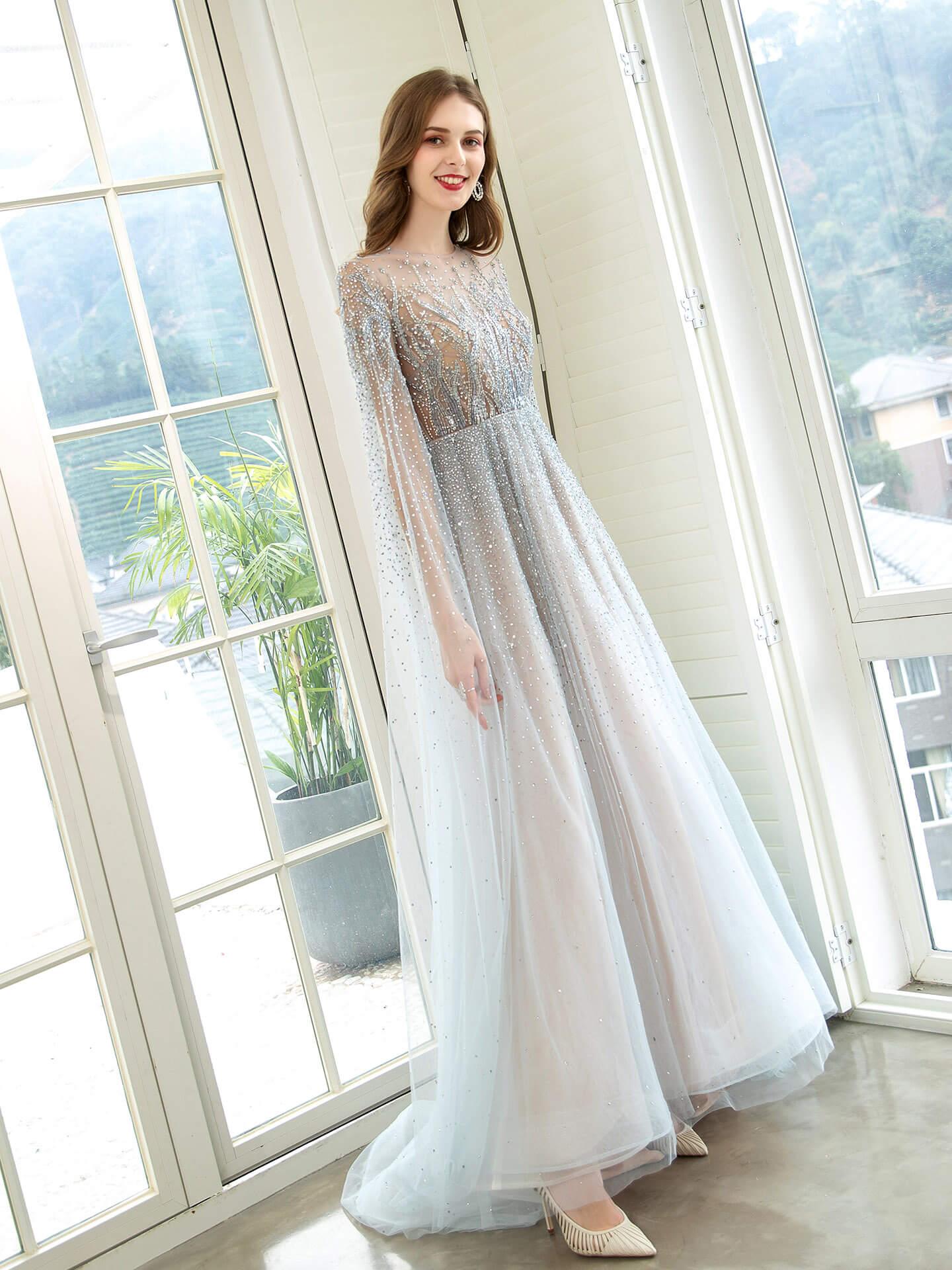 Vestido de noche formal sexy de hada brillante de lujo de línea A con manga larga hasta el suelo 