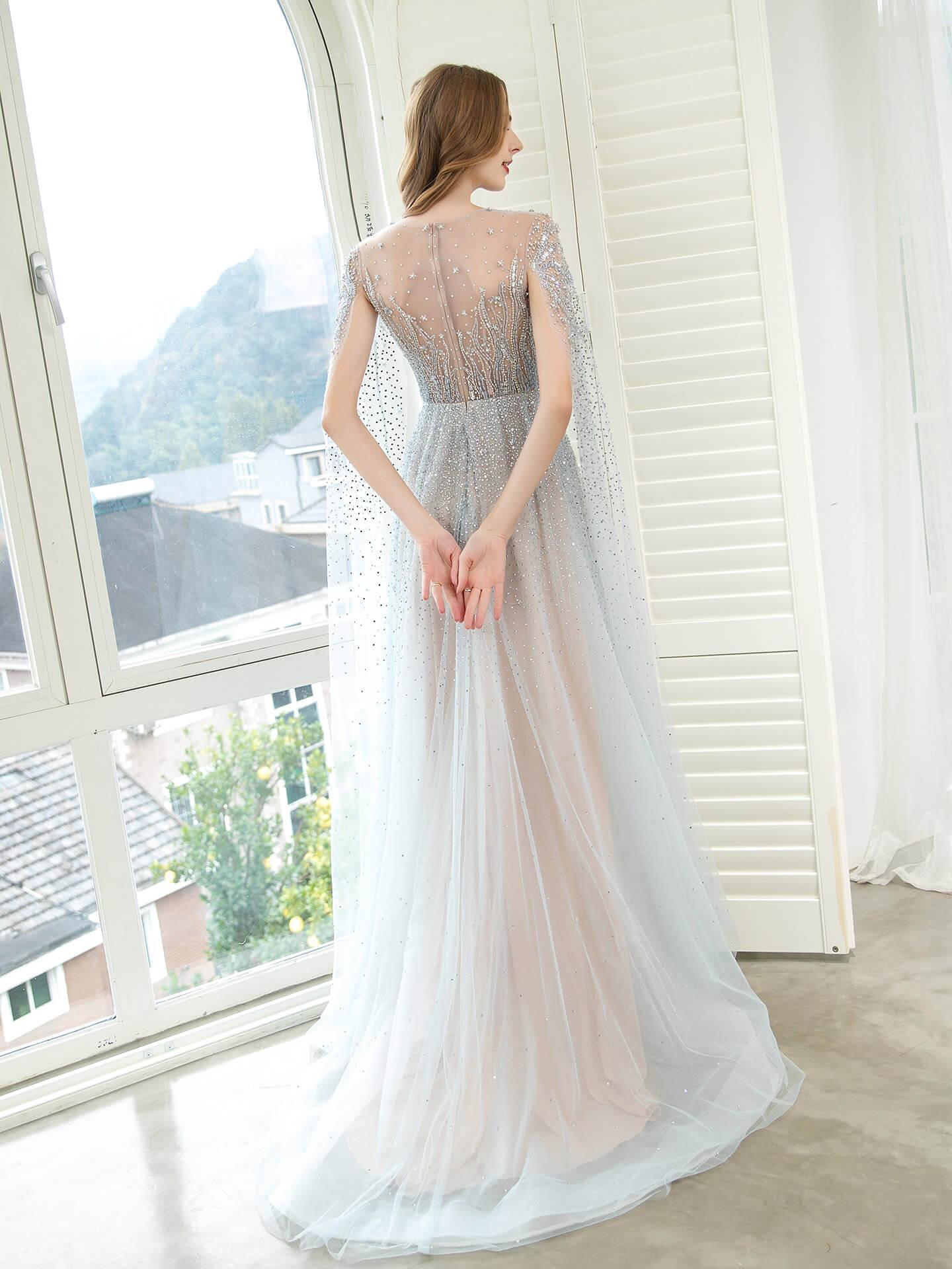 Vestido de noche formal sexy de hada brillante de lujo de línea A con manga larga hasta el suelo 