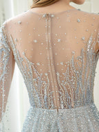 Vestido de noche formal sexy de hada brillante de lujo de línea A con manga larga hasta el suelo 
