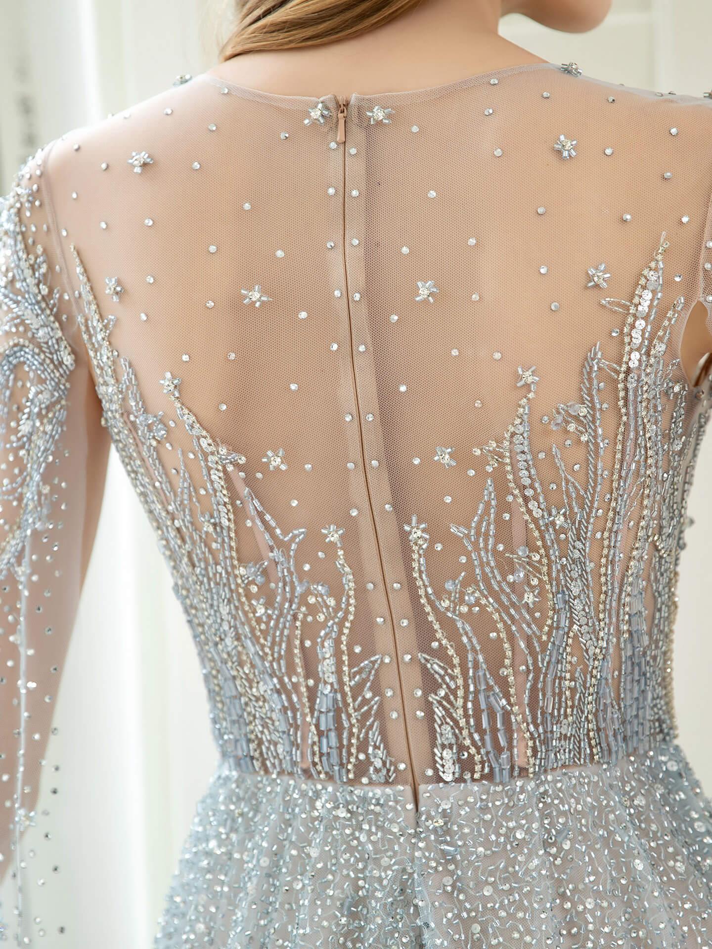 Vestido de noche formal sexy de hada brillante de lujo de línea A con manga larga hasta el suelo 