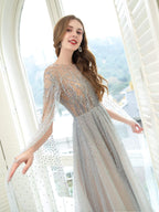 Vestido de noche formal sexy de hada brillante de lujo de línea A con manga larga hasta el suelo 
