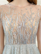 Vestido de noche formal sexy de hada brillante de lujo de línea A con manga larga hasta el suelo 