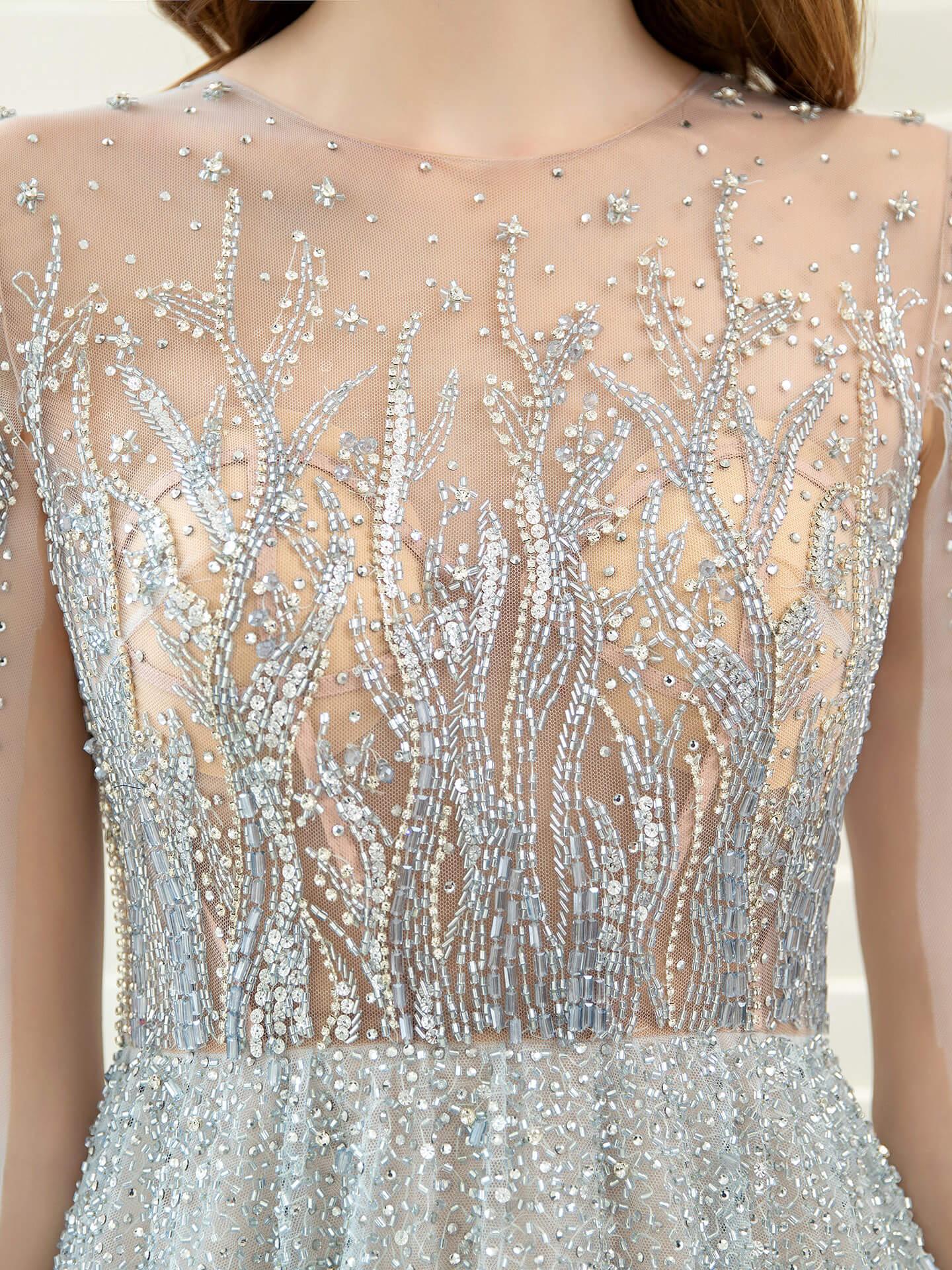 Vestido de noche formal sexy de hada brillante de lujo de línea A con manga larga hasta el suelo 