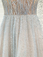 Vestido de noche formal sexy de hada brillante de lujo de línea A con manga larga hasta el suelo 