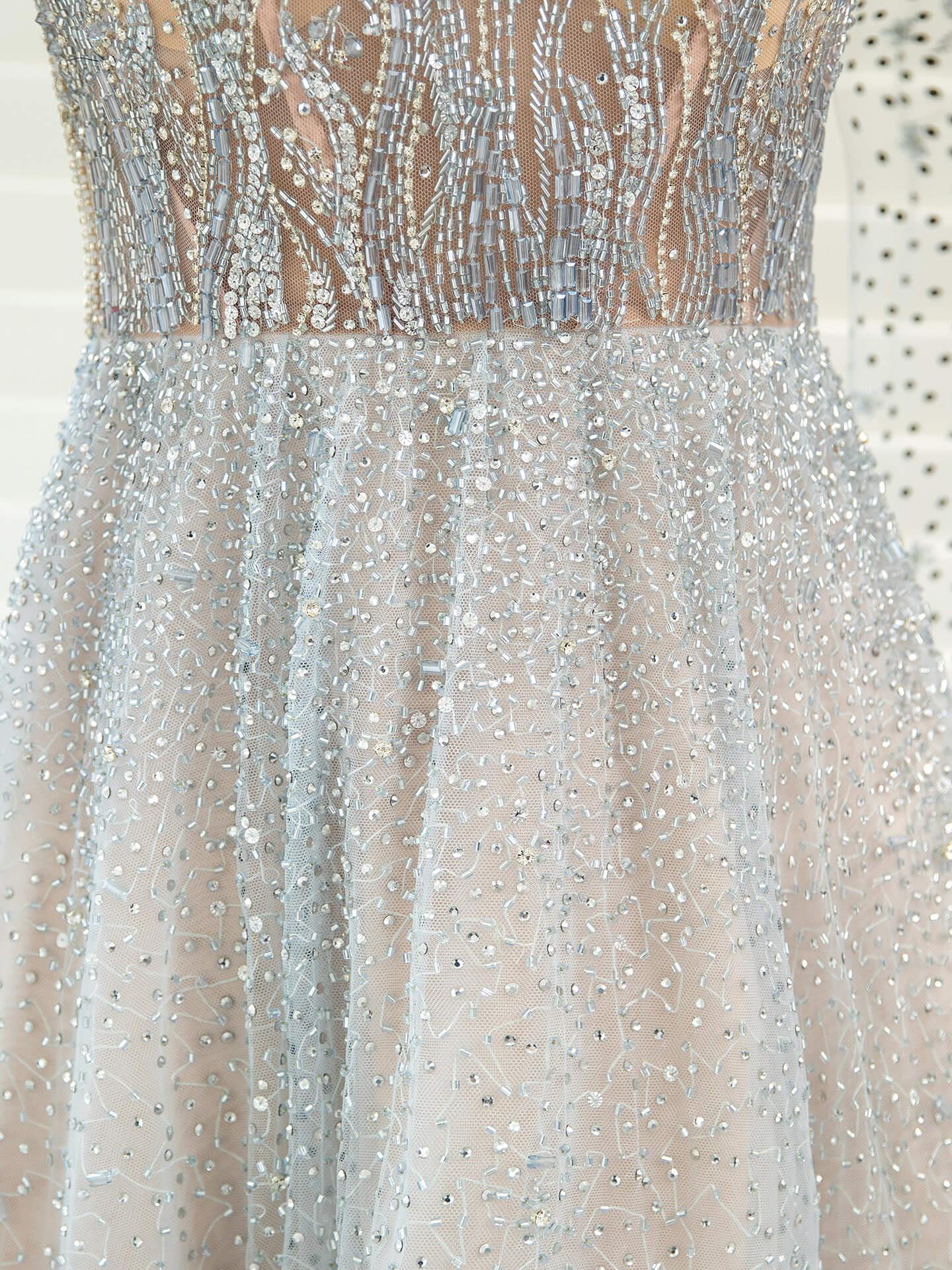 Vestido de noche formal sexy de hada brillante de lujo de línea A con manga larga hasta el suelo 