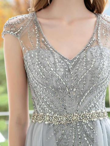 Vestido de noche formal Baoleely Sirena/Trompeta, lujoso, brillante, de hada, sexy, con mangas cortas y largo hasta el suelo. 