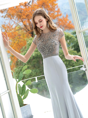 Vestido de noche formal Baoleely Sirena/Trompeta Max de gasa, lujoso, sexy, con mangas casquillo y largo hasta el suelo. 