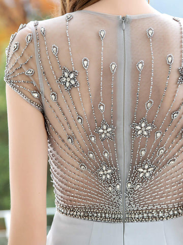 Vestido de noche formal Baoleely Sirena/Trompeta Max de gasa, lujoso, sexy, con mangas casquillo y largo hasta el suelo. 