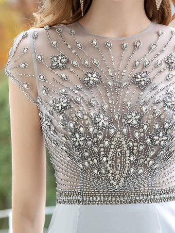 Vestido de noche formal Baoleely Sirena/Trompeta Max de gasa, lujoso, sexy, con mangas casquillo y largo hasta el suelo. 