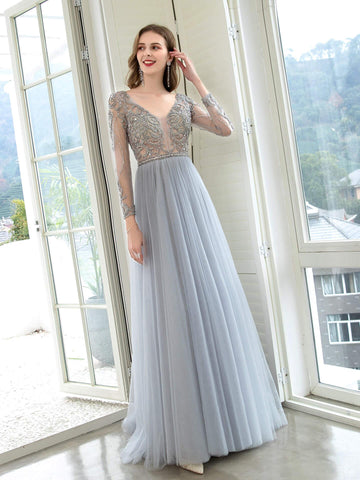 Baoleely A-Line Tulle Beaded Luxurious Sexy Formal Evening Dresses Long Sleeves Floor Length