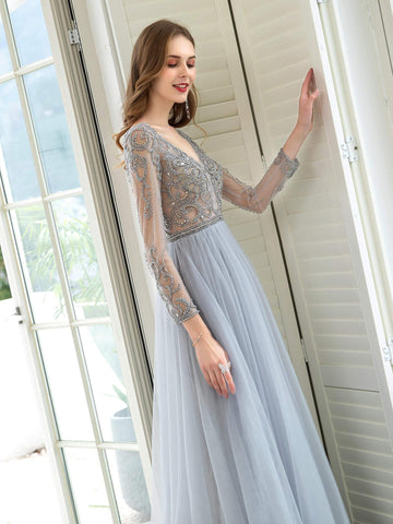 Baoleely A-Line Tulle Beaded Luxurious Sexy Formal Evening Dresses Long Sleeves Floor Length