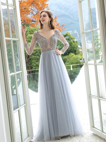 Baoleely A-Line Tulle Beaded Luxurious Sexy Formal Evening Dresses Long Sleeves Floor Length