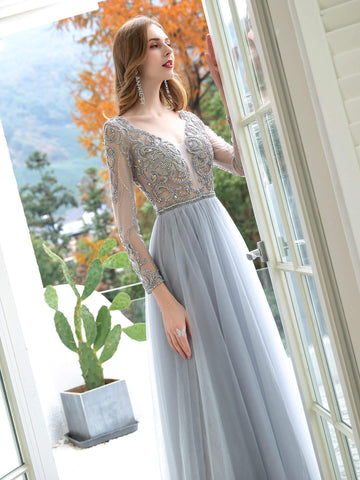 Baoleely A-Line Tulle Beaded Luxurious Sexy Formal Evening Dresses Long Sleeves Floor Length