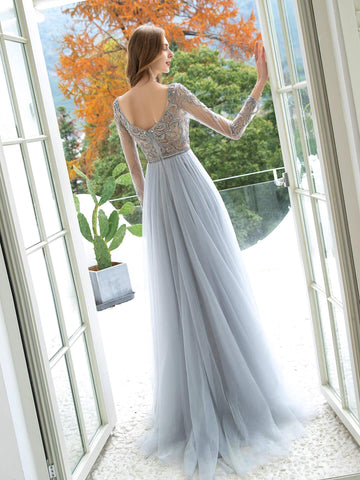 Baoleely A-Line Tulle Beaded Luxurious Sexy Formal Evening Dresses Long Sleeves Floor Length