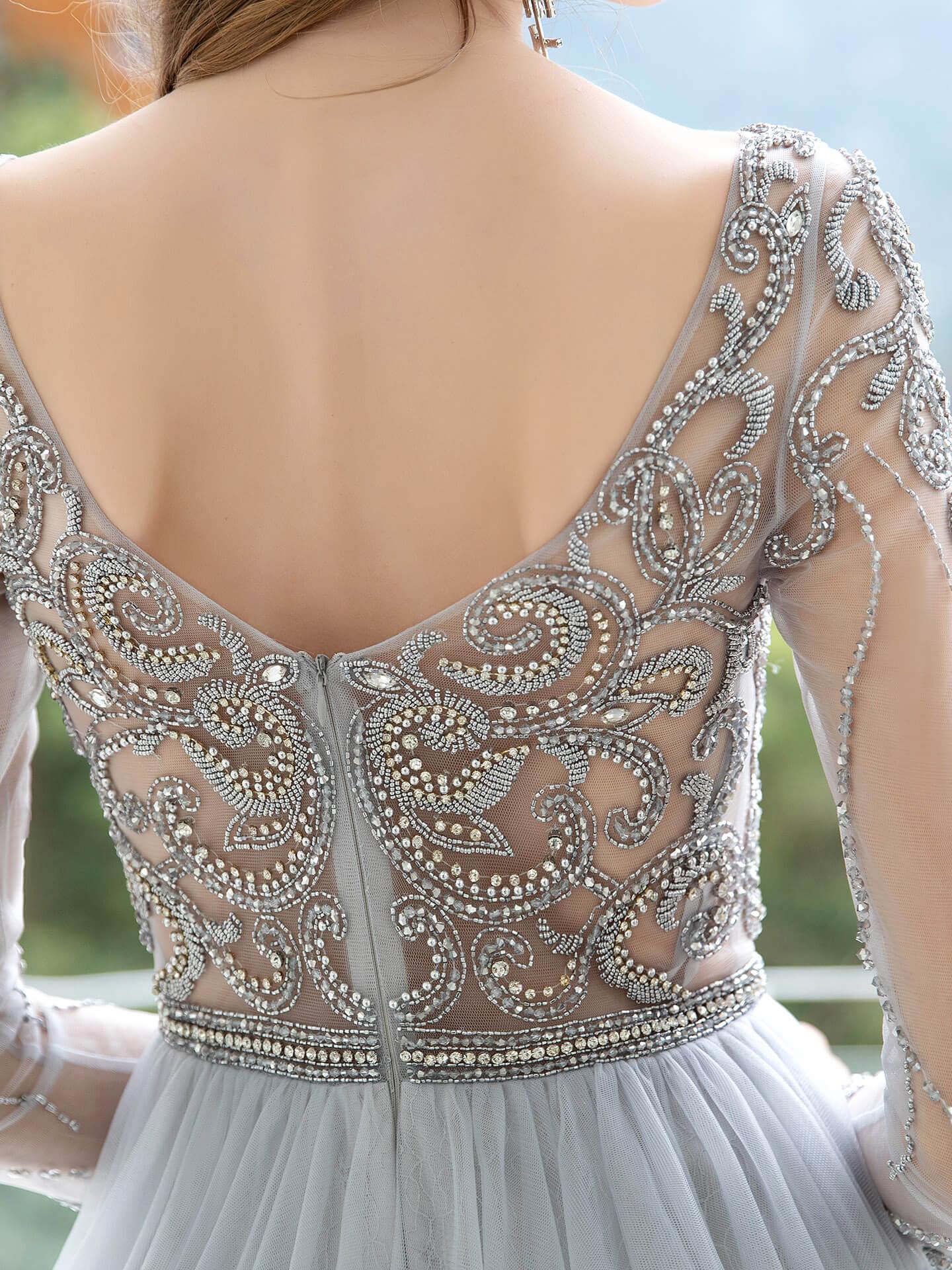 Baoleely A-Line Tulle Beaded Luxurious Sexy Formal Evening Dresses Long Sleeves Floor Length