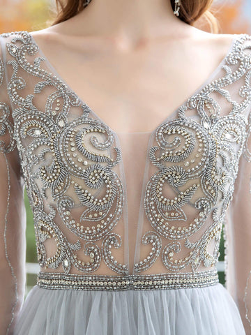 Baoleely A-Line Tulle Beaded Luxurious Sexy Formal Evening Dresses Long Sleeves Floor Length