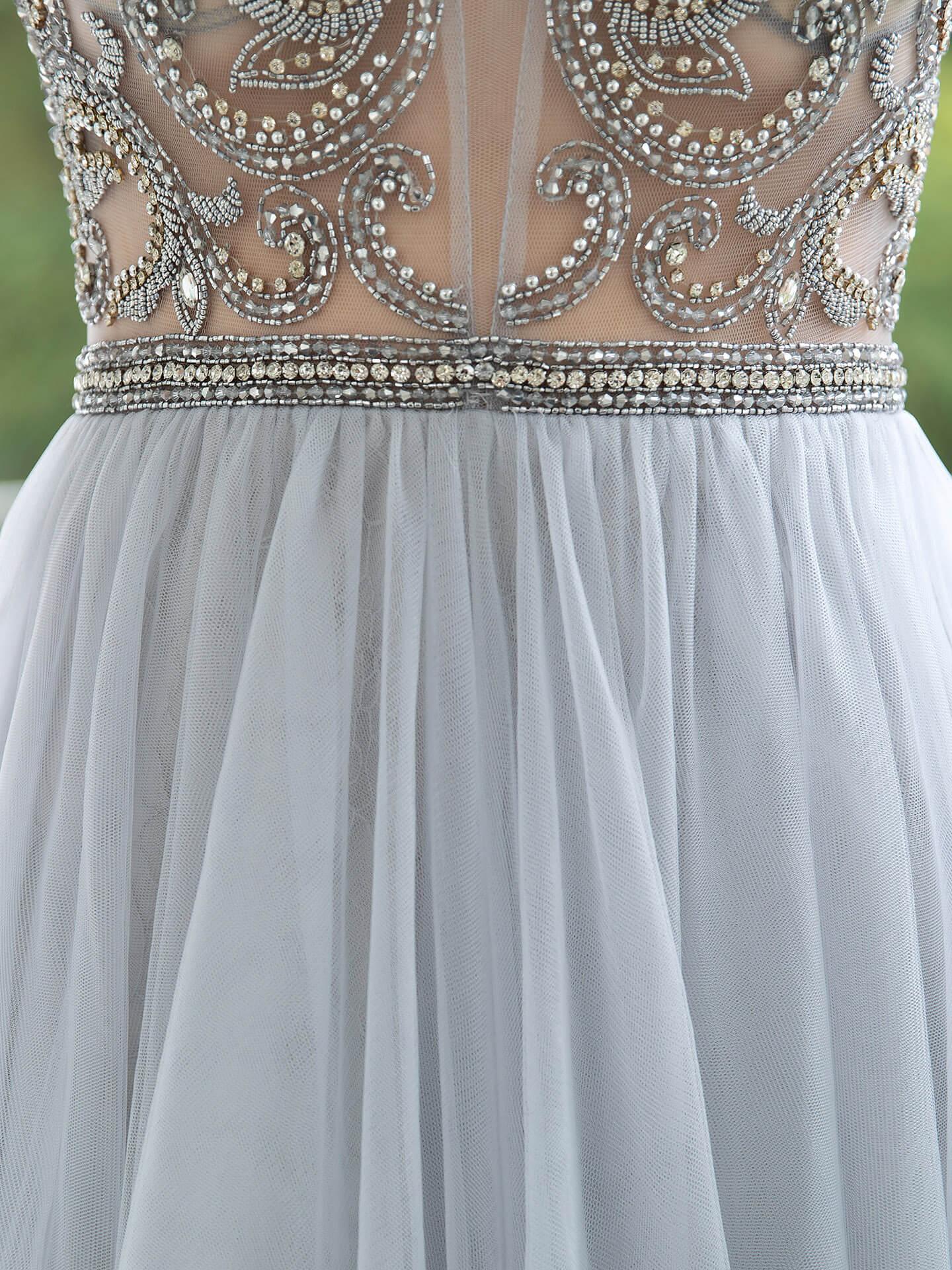 Baoleely A-Line Tulle Beaded Luxurious Sexy Formal Evening Dresses Long Sleeves Floor Length