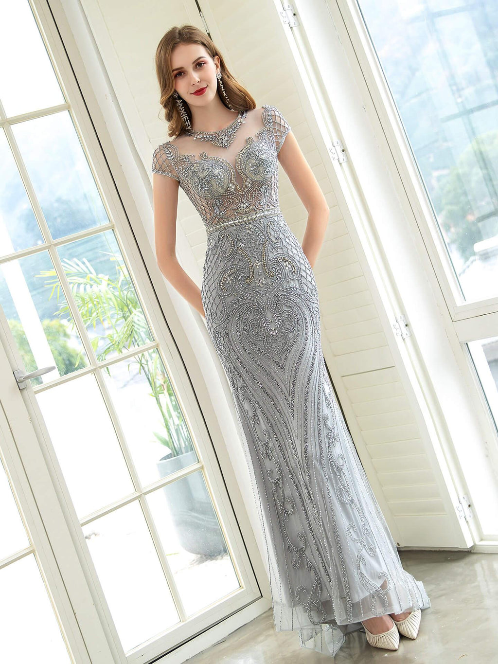 Baoleely Mermaid / Trumpet Beaded Luxurious Sexy Formal Evening Dresses Cap Sleeves Floor Length