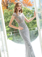 Baoleely Mermaid / Trumpet Beaded Luxurious Sexy Formal Evening Dresses Cap Sleeves Floor Length