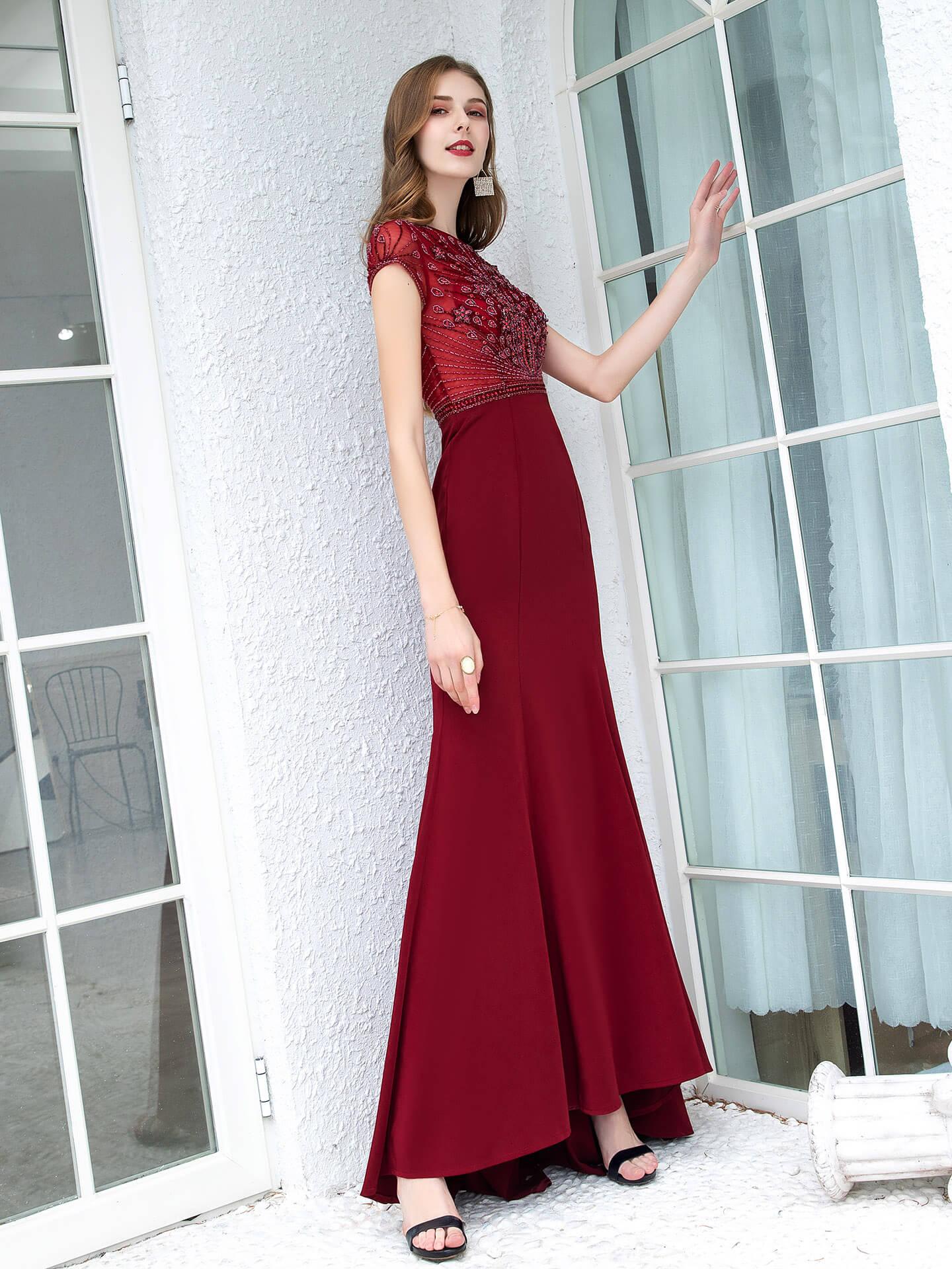 Baoleely Mermaid / Trumpet Max Chiffon Beaded Luxurious Sexy Formal Evening Dresses Cap Sleeves Floor Length