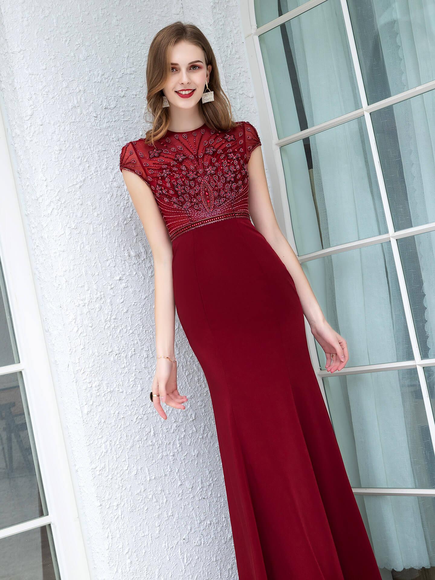 Baoleely Mermaid / Trumpet Max Chiffon Beaded Luxurious Sexy Formal Evening Dresses Cap Sleeves Floor Length