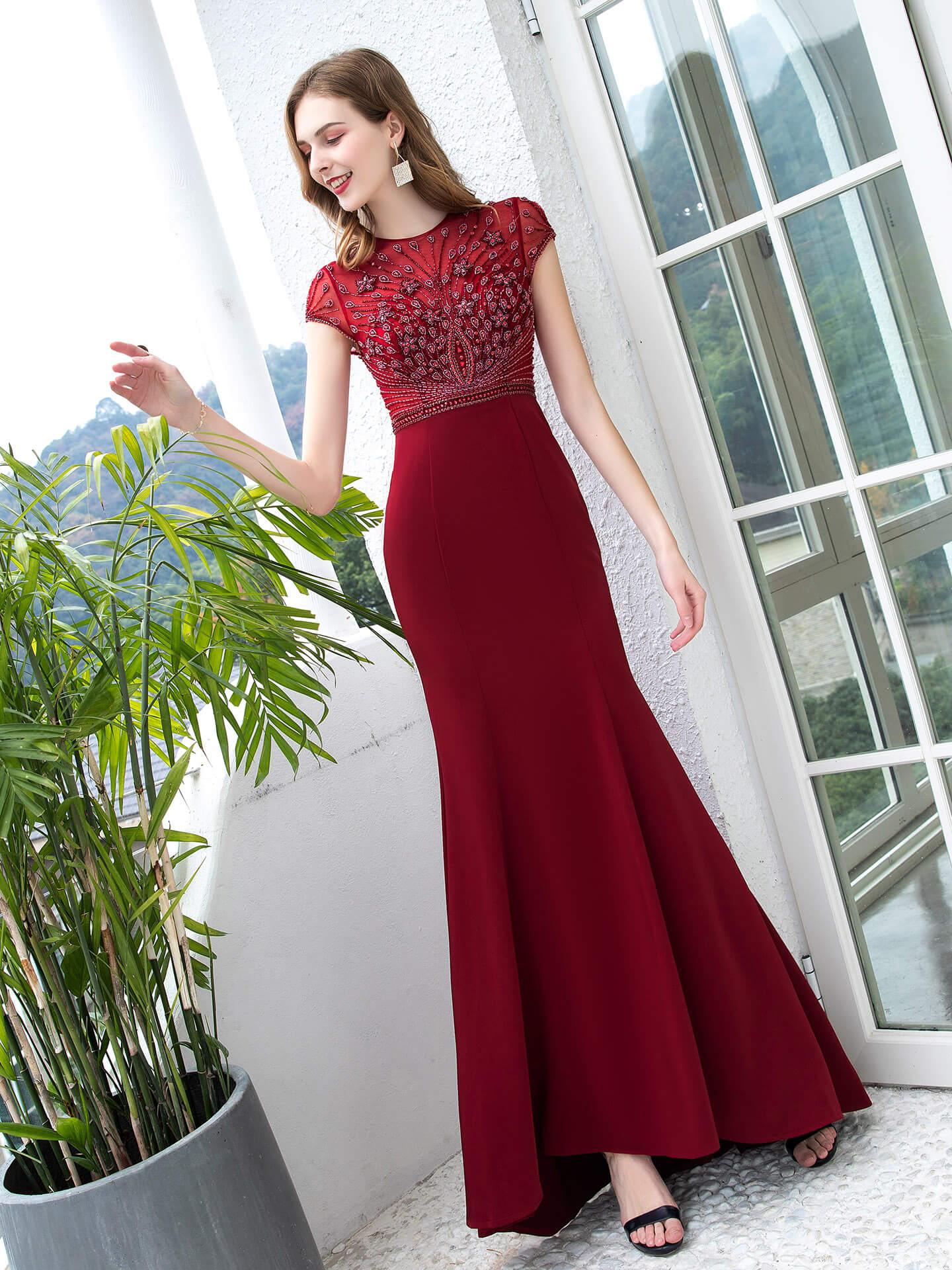 Baoleely Mermaid / Trumpet Max Chiffon Beaded Luxurious Sexy Formal Evening Dresses Cap Sleeves Floor Length