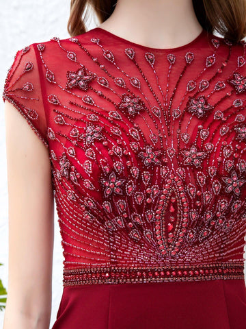 Vestido de noche formal Baoleely Sirena/Trompeta Max de gasa con cuentas, lujoso, sexy, con mangas casquillo y largo hasta el suelo. 