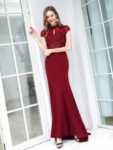 Baoleely Mermaid / Trumpet Max Chiffon Beaded Luxurious Sexy Formal Evening Dresses Cap Sleeves Floor Length Prom Dresses