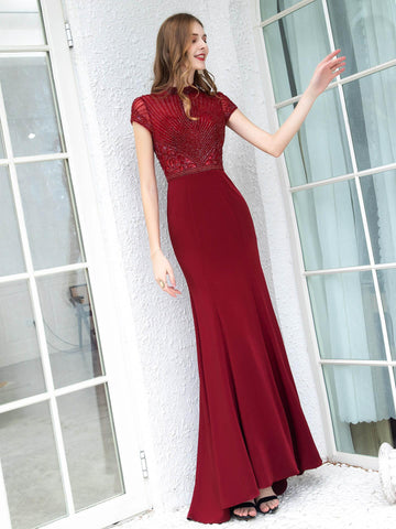 Baoleely Mermaid / Trumpet Max Chiffon Beaded Luxurious Sexy Formal Evening Dresses Cap Sleeves Floor Length Prom Dresses