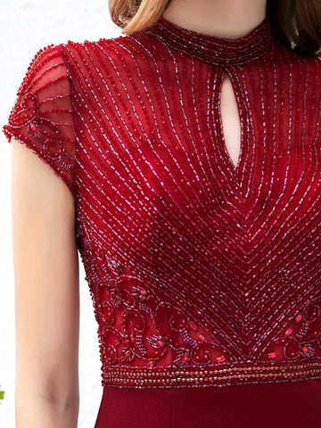 Baoleely Mermaid / Trumpet Max Chiffon Beaded Luxurious Sexy Formal Evening Dresses Cap Sleeves Floor Length Prom Dresses