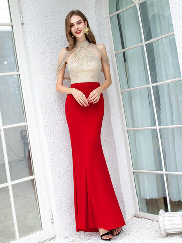 Robe de soirée longue en mousseline de soie, luxueuse et sexy, style sirène/trompette, avec perles, sans manches 