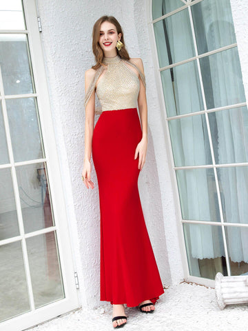 Robe de soirée longue en mousseline de soie, luxueuse et sexy, style sirène/trompette, avec perles, sans manches 