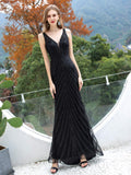 Baoleely Mermaid / Trumpet V-neck Beaded Luxurious Sexy Formal Evening Dresses Sleeveless Floor Length Prom Dresses