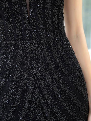 Baoleely Mermaid / Trumpet V-neck Beaded Luxurious Sexy Formal Evening Dresses Sleeveless Floor Length Prom Dresses