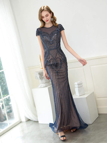Baoleely Mermaid / Trumpet Beaded Luxurious Sexy Formal Evening Dresses Cap Sleeveless Floor Length Prom Dresses