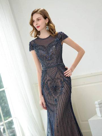 Baoleely Mermaid / Trumpet Beaded Luxurious Sexy Formal Evening Dresses Cap Sleeveless Floor Length Prom Dresses