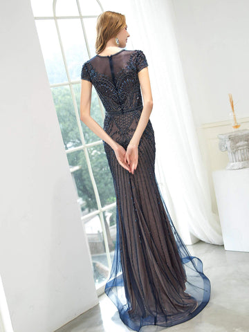 Baoleely Mermaid / Trumpet Beaded Luxurious Sexy Formal Evening Dresses Cap Sleeveless Floor Length Prom Dresses