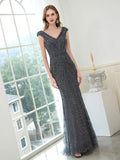 Baoleely Mermaid / Trumpet V-neck Beaded Luxurious Sexy Formal Evening Dresses Cap Sleeve Floor Length Prom Dresses