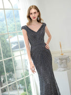 Baoleely Mermaid / Trumpet V-neck Beaded Luxurious Sexy Formal Evening Dresses Cap Sleeve Floor Length Prom Dresses