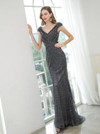 Baoleely Mermaid / Trumpet V-neck Beaded Luxurious Sexy Formal Evening Dresses Cap Sleeve Floor Length Prom Dresses