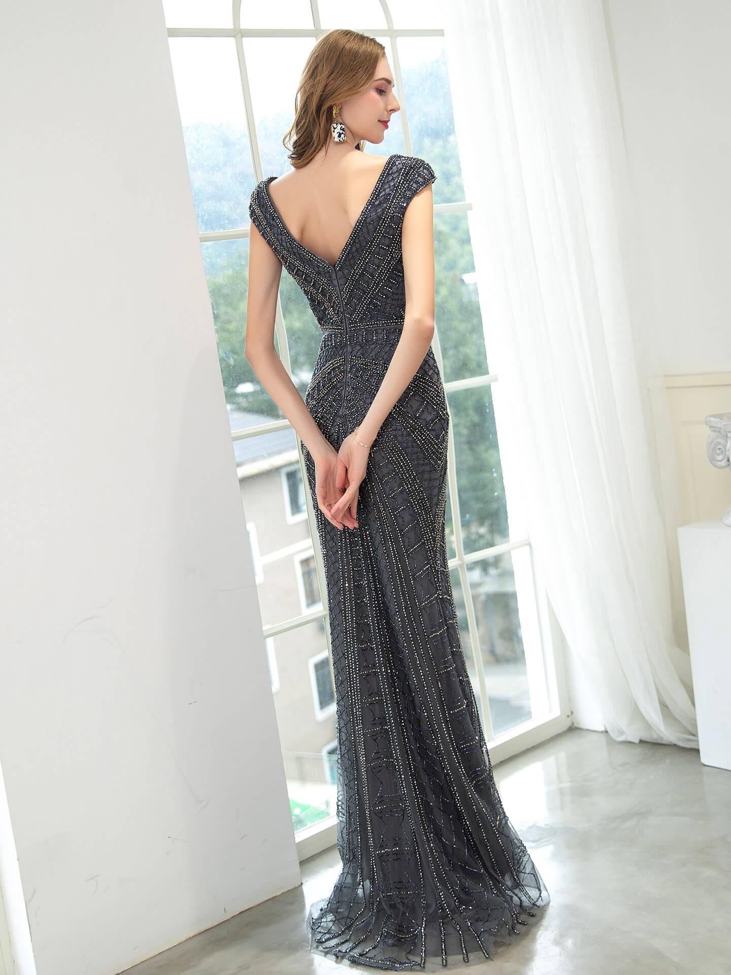 Baoleely Mermaid / Trumpet V-neck Beaded Luxurious Sexy Formal Evening Dresses Cap Sleeve Floor Length Prom Dresses